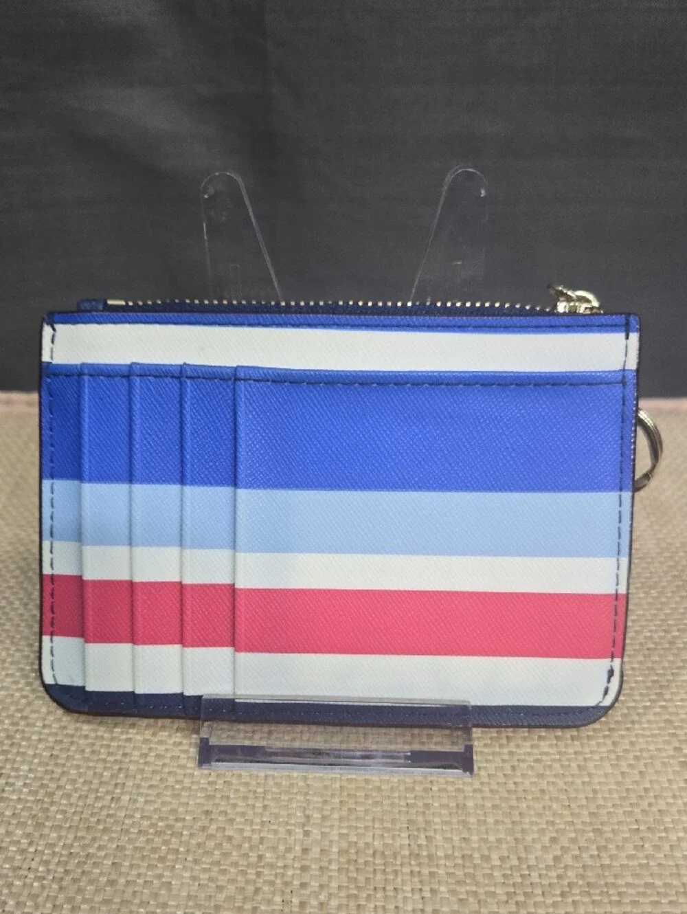NWOT kate spade Blue, Light Blue, White, Pink Striped Card Pouch with Keyring